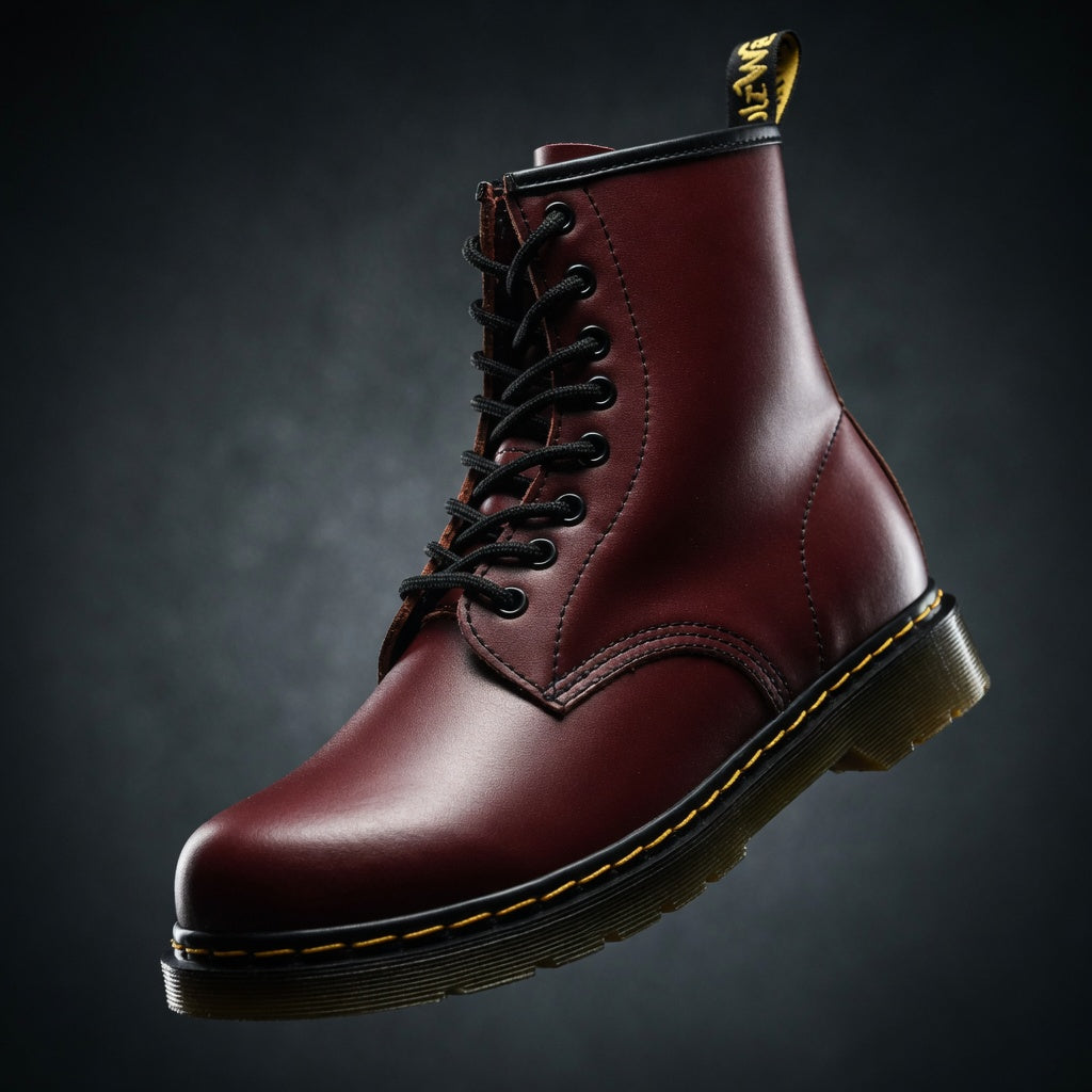 Red leather boot with laces on a dark background