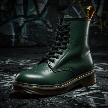 Green leather boot with yellow sole on a dark textured background