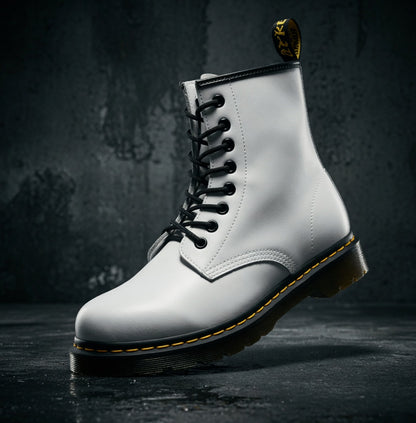 White leather boot with black laces on a dark background