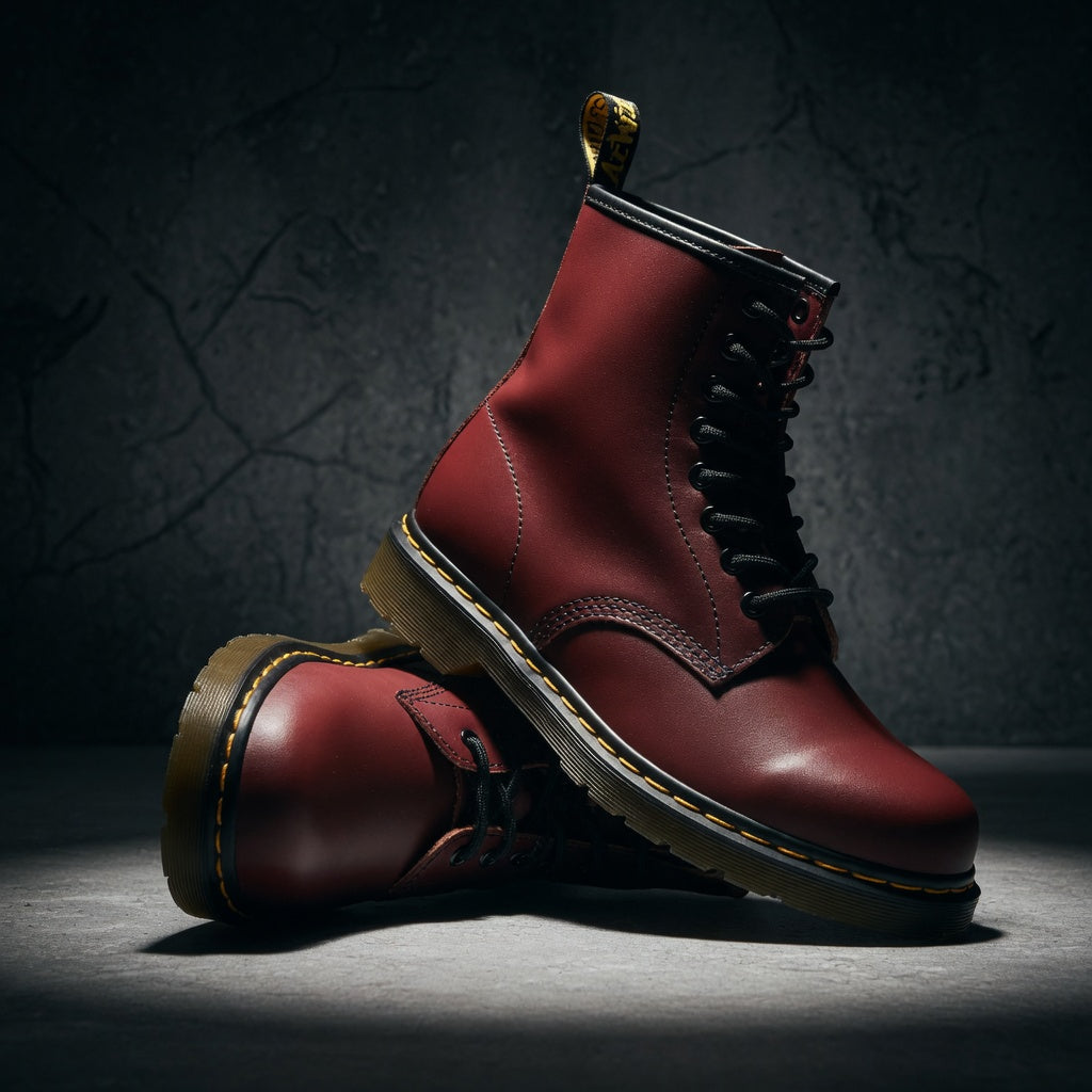 Red leather boots with black soles on a dark background
