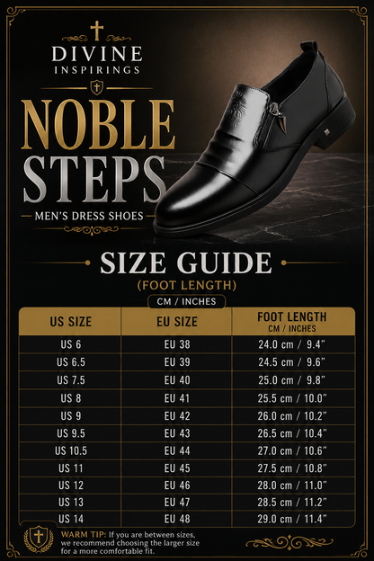 Men's dress shoe size guide with a black shoe on a dark background