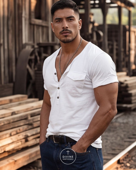 A muscular man wearing a white short-sleeve henley shirt and dark blue jeans, standing in front of a rustic wooden warehouse background. A circular 'DIVINE INSPIRINGS' watermark is visible at the bottom of the image.