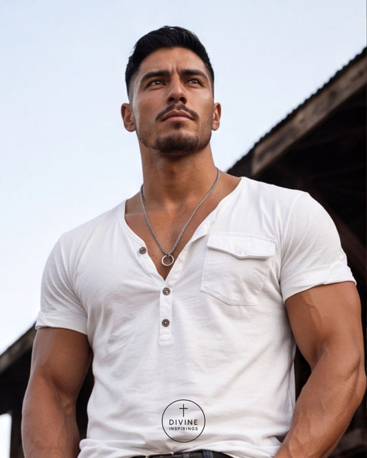 A muscular man wearing a white short-sleeve henley t-shirt with a chest pocket, photographed from a low angle against a light sky and dark roofline background. A circular 'DIVINE INSPIRINGS' logo is visible on the lower front of the shirt.
