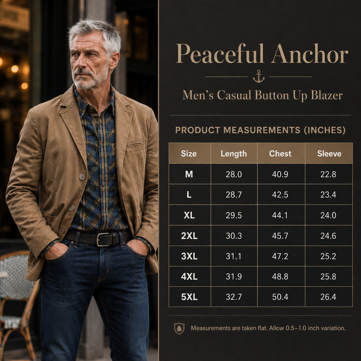 A man wearing a tan blazer over a plaid shirt and jeans stands beside a size chart panel for Peaceful Anchor Men's Casual Button Up Blazer, showing measurements from M to 5XL in inches.