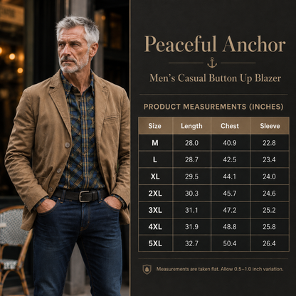 A man wearing a tan blazer over a plaid shirt and jeans stands beside a size chart panel for Peaceful Anchor Men's Casual Button Up Blazer, showing measurements from M to 5XL in inches.