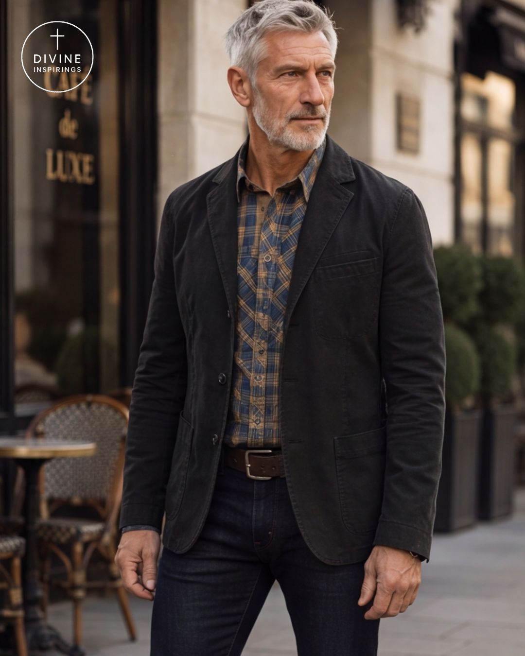 A man wearing a dark charcoal corduroy blazer over a blue and gold plaid shirt, paired with dark jeans, standing on a city sidewalk in front of a cafe.