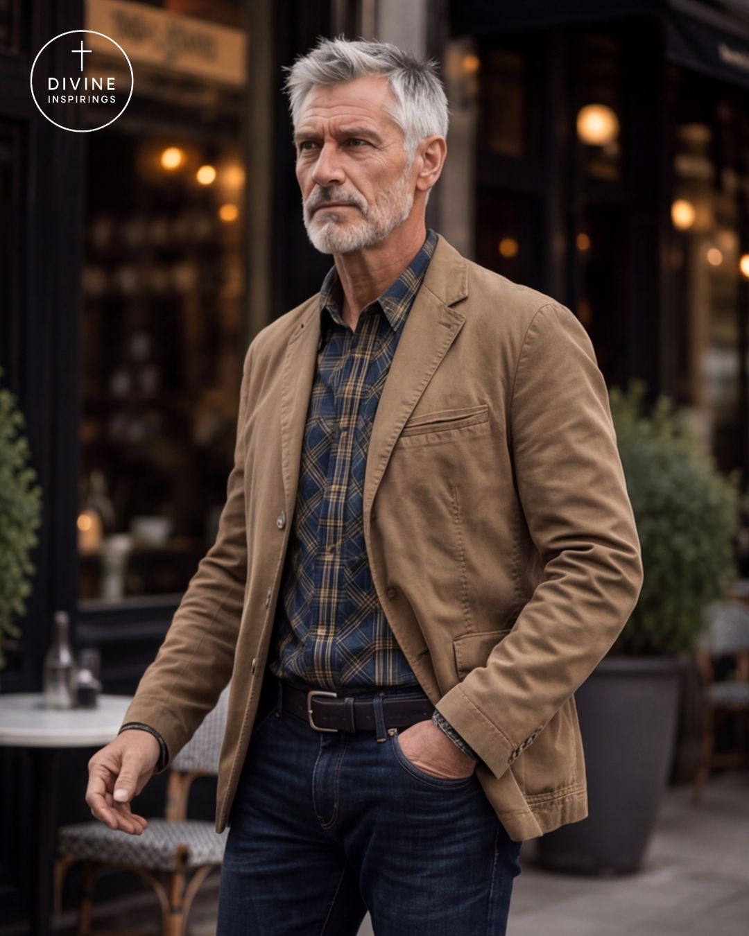 A man wearing a tan blazer over a blue and yellow plaid shirt, paired with dark blue jeans, standing on a city street with blurred storefronts in the background. A 'DIVINE INSPIRINGS' logo is visible in the top-left corner.