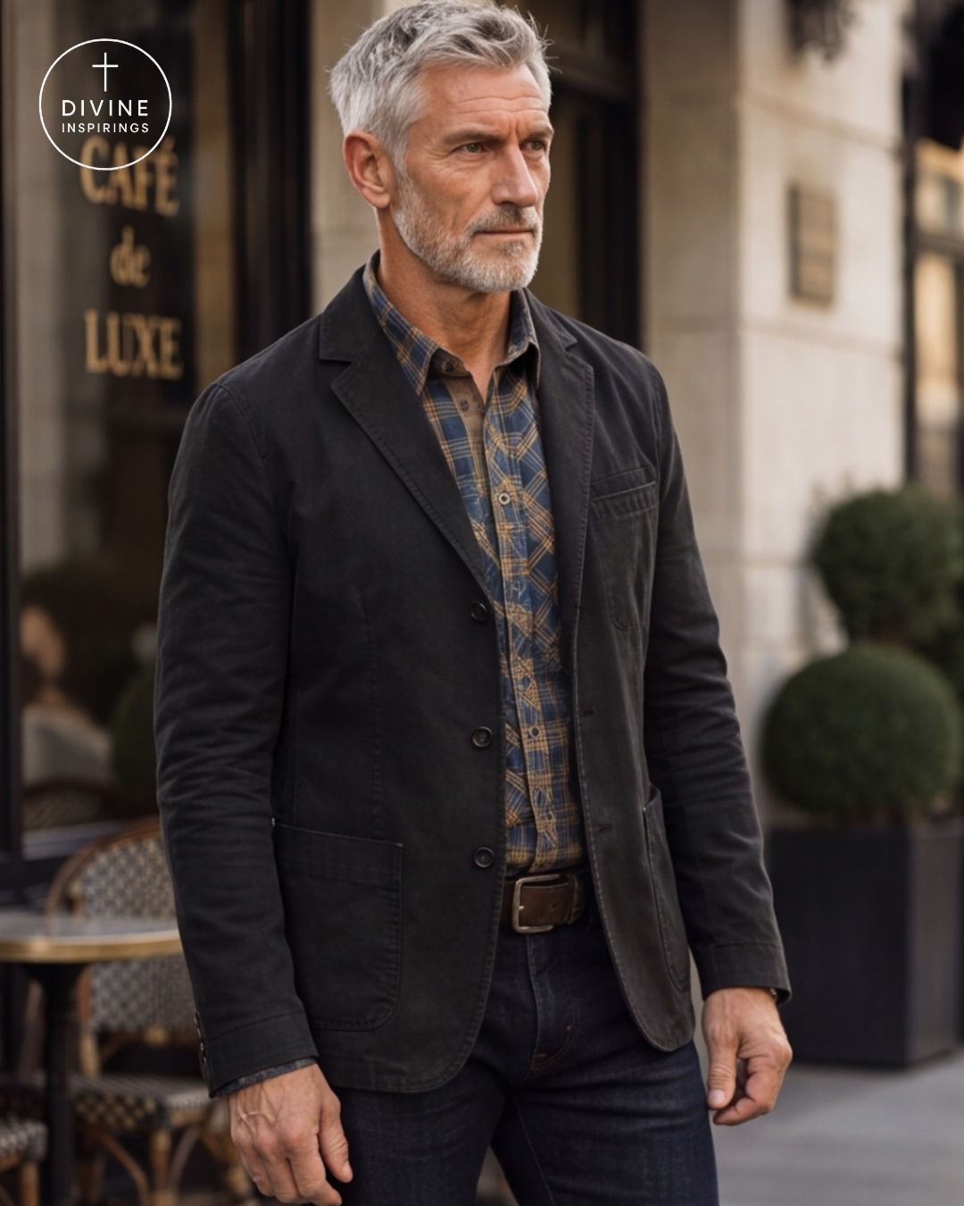 A man wearing a dark charcoal corduroy blazer over a blue and gold patterned plaid shirt, paired with dark jeans, standing on a city street in front of a cafe.