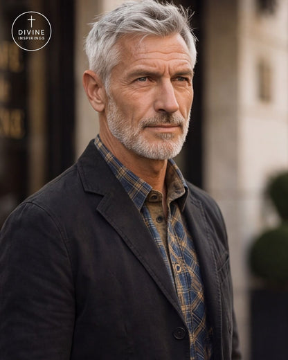 A man with gray hair and a beard wearing a dark charcoal jacket over a blue and gold plaid shirt, photographed outdoors with a blurred building background. A circular 'DIVINE INSPIRINGS' logo is visible in the top-left corner.
