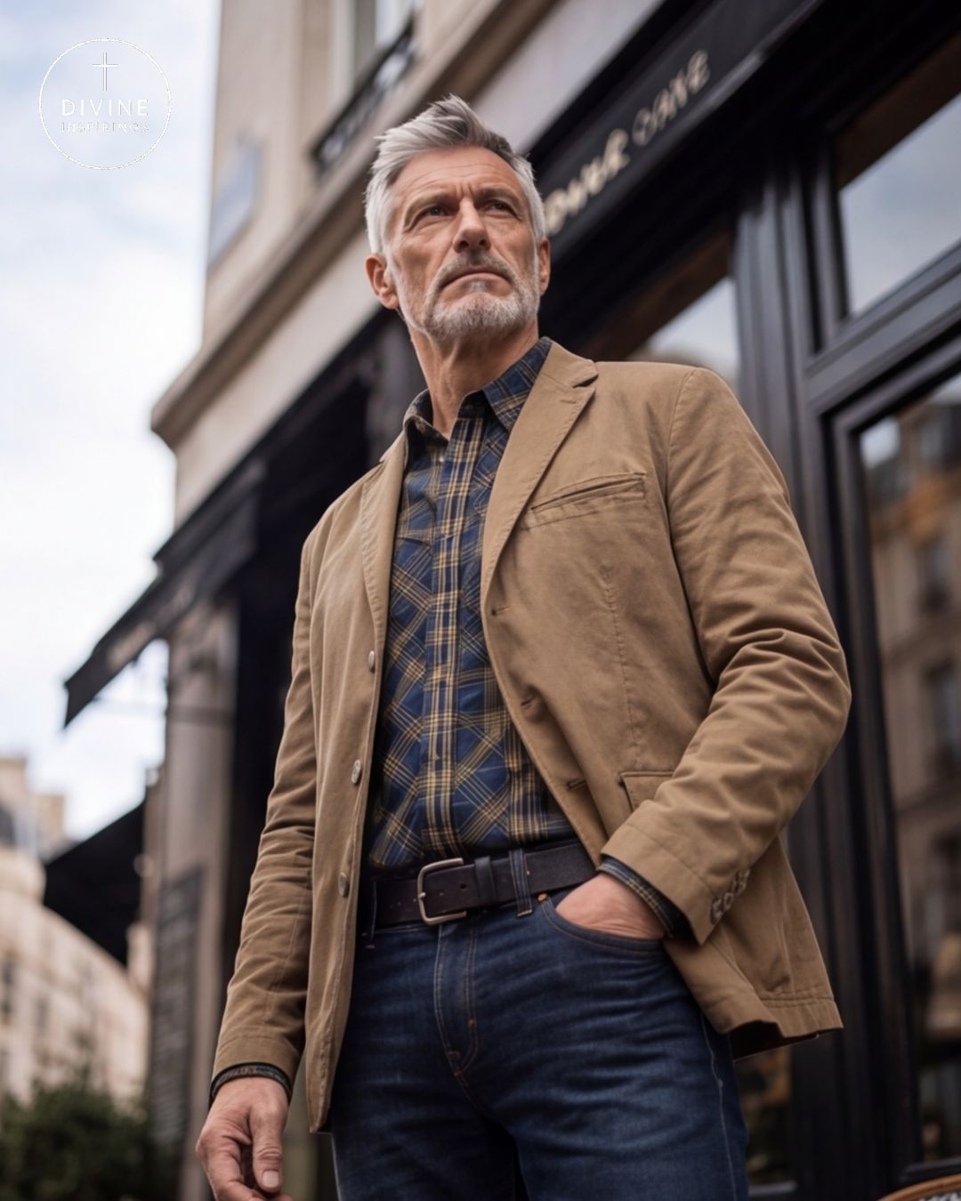 A man wearing a tan blazer over a blue and yellow plaid shirt, dark blue jeans, and a black belt, standing outdoors in front of a cafe storefront.