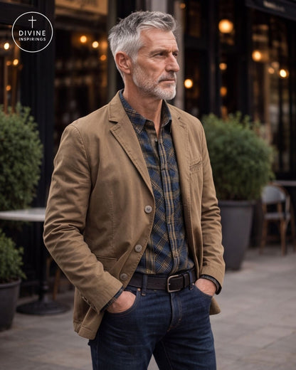 A man wearing a tan corduroy blazer over a blue and yellow plaid shirt, paired with dark blue jeans and a black belt, standing outdoors in front of a cafe with warm lights.
