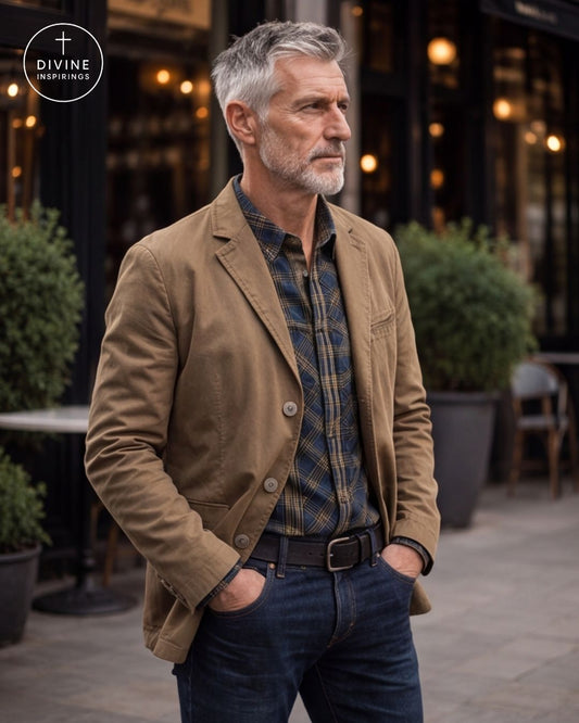 A man wearing a tan corduroy blazer over a blue and yellow plaid shirt, paired with dark blue jeans and a black belt, standing outdoors in front of a cafe with warm lights.