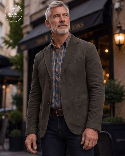 A man wearing a dark brown blazer over a blue and gold plaid shirt, standing on a city street in front of a cafe. The DIVINE INSPIRINGS logo is visible in the top left corner.