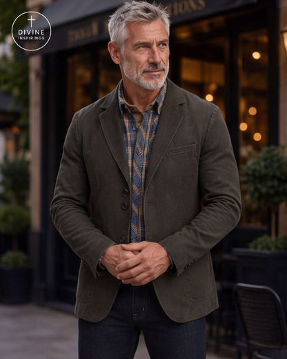 A man wearing an olive green corduroy blazer over a blue and gold plaid shirt, standing outdoors in front of a storefront. A circular 'DIVINE INSPIRINGS' logo is visible in the top-left corner.