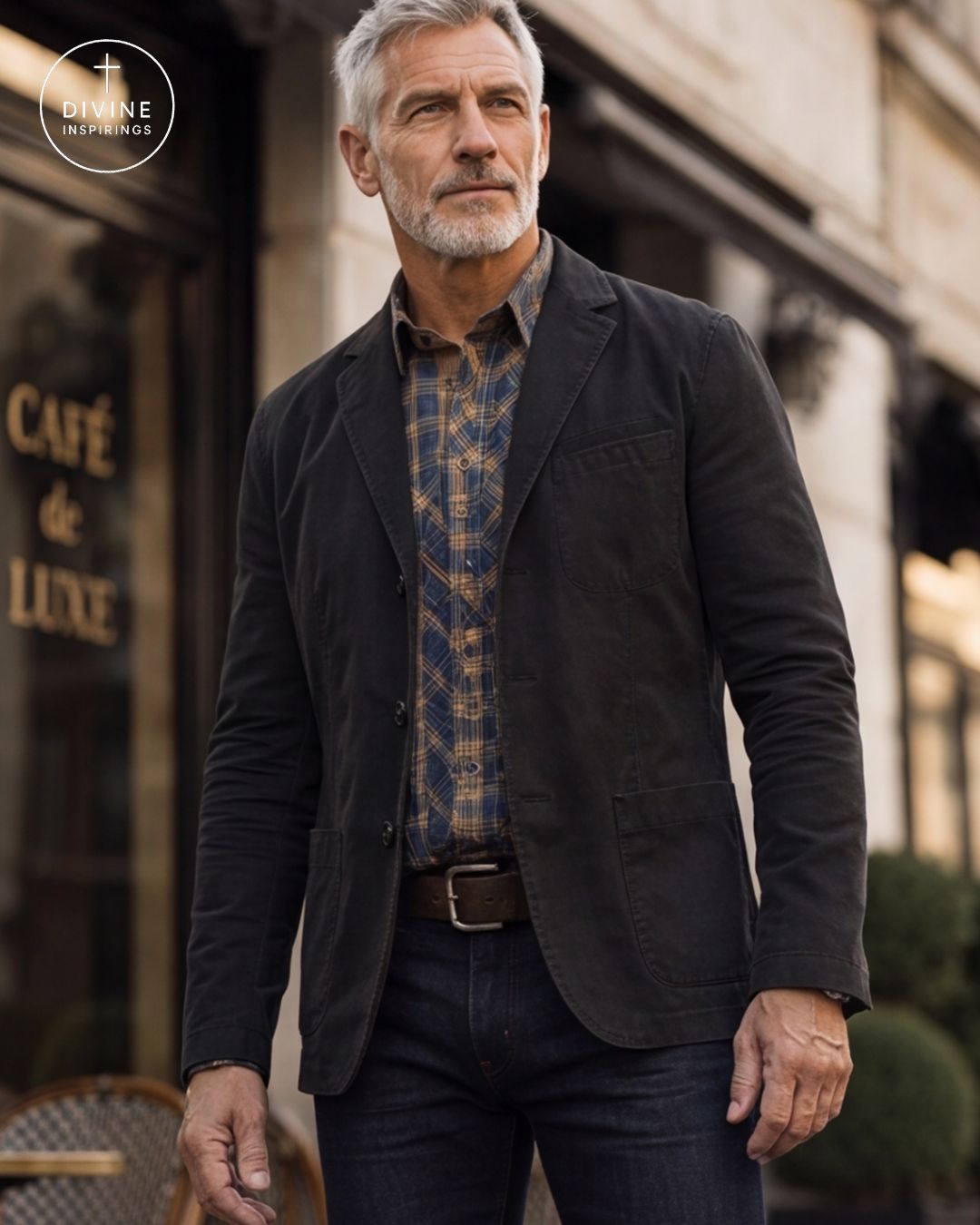 A man wearing a dark charcoal corduroy blazer over a blue and gold plaid shirt, paired with dark jeans, standing on a city street in front of a cafe.