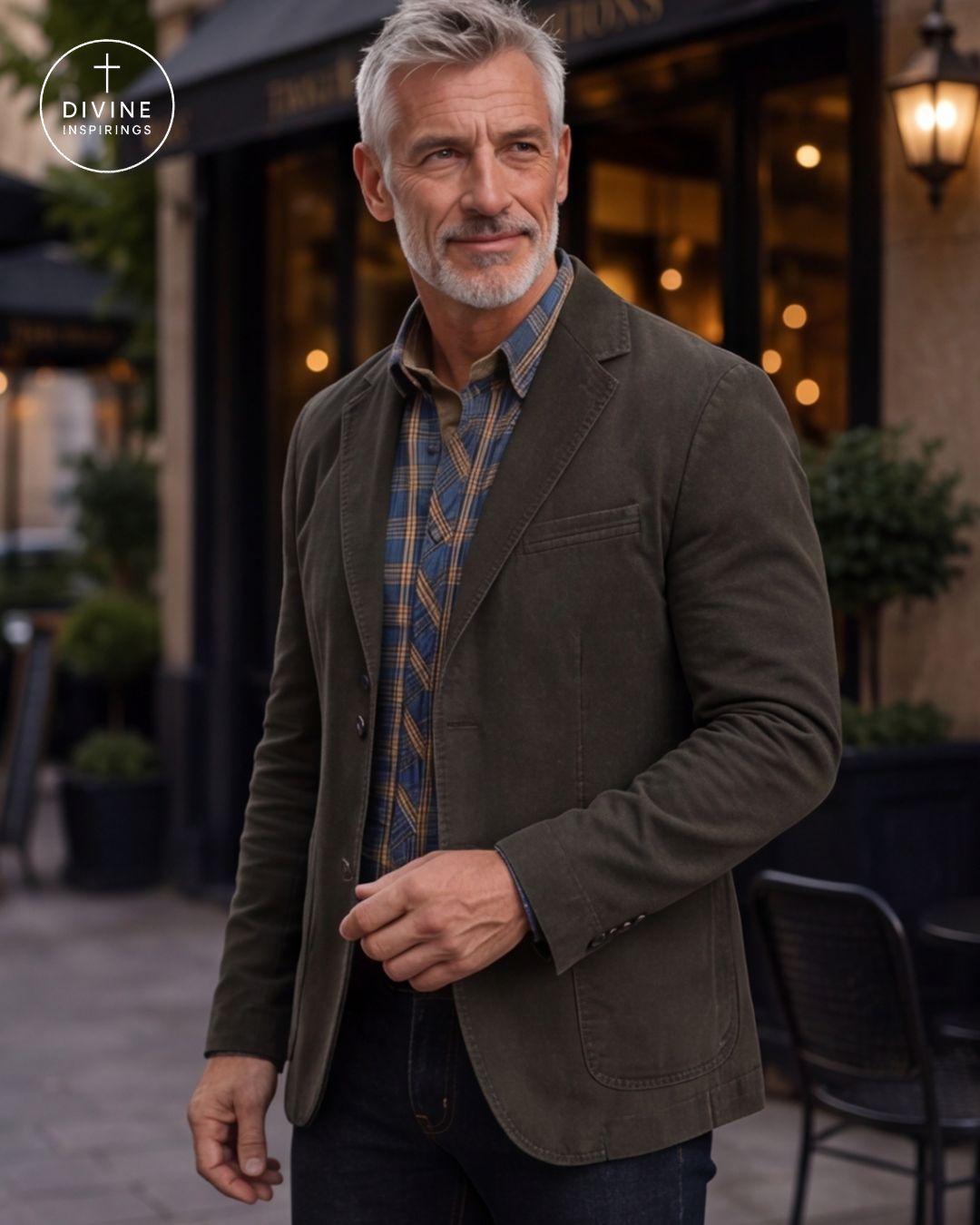 A man wearing an olive green corduroy blazer over a blue and gold plaid shirt, standing outdoors in front of a storefront.