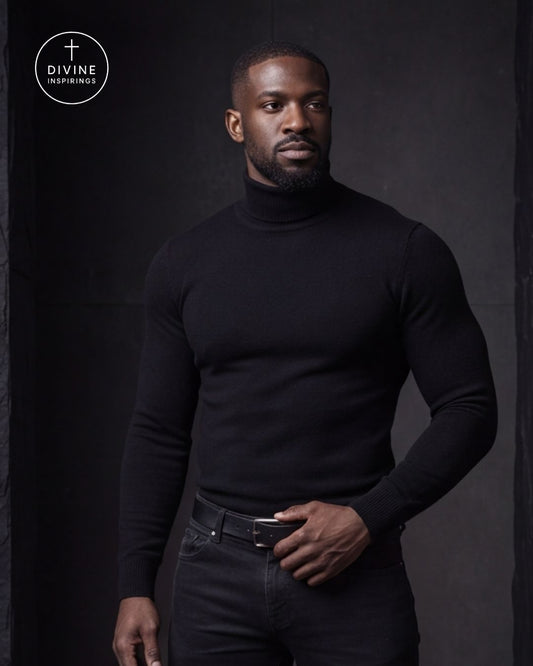 A man wearing a black long-sleeve turtleneck sweater and black jeans, standing against a dark textured studio background. A circular 'DIVINE INSPIRATIONS' logo is visible in the top-left corner.