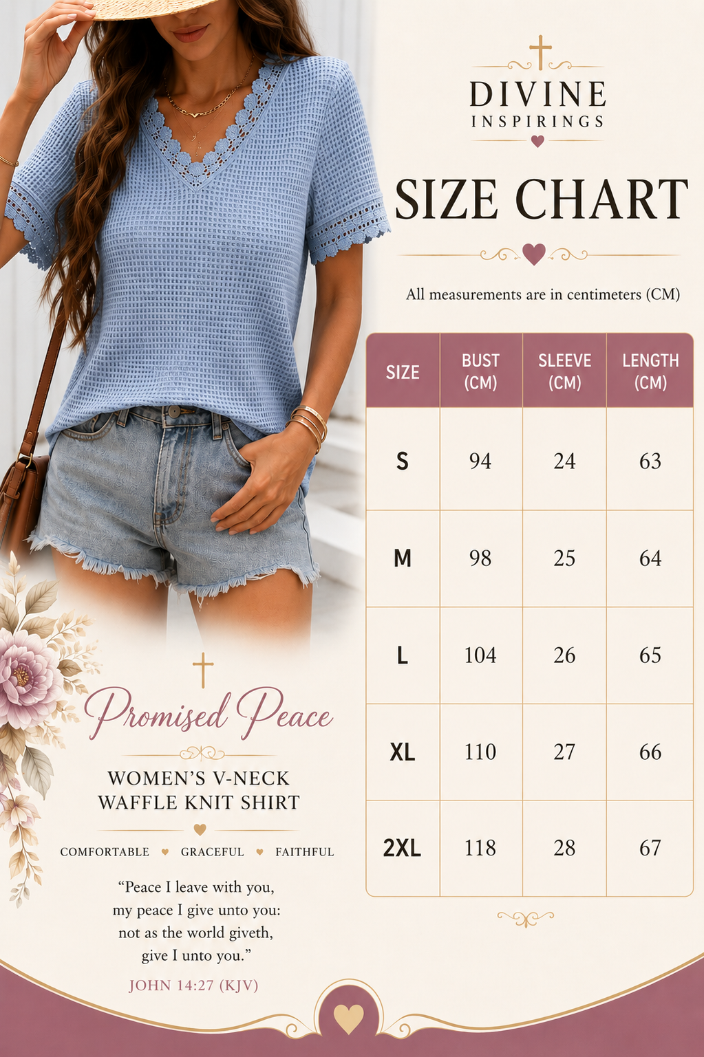 Woman wearing a blue women's waffle knit shirt with a size chart on a white background.