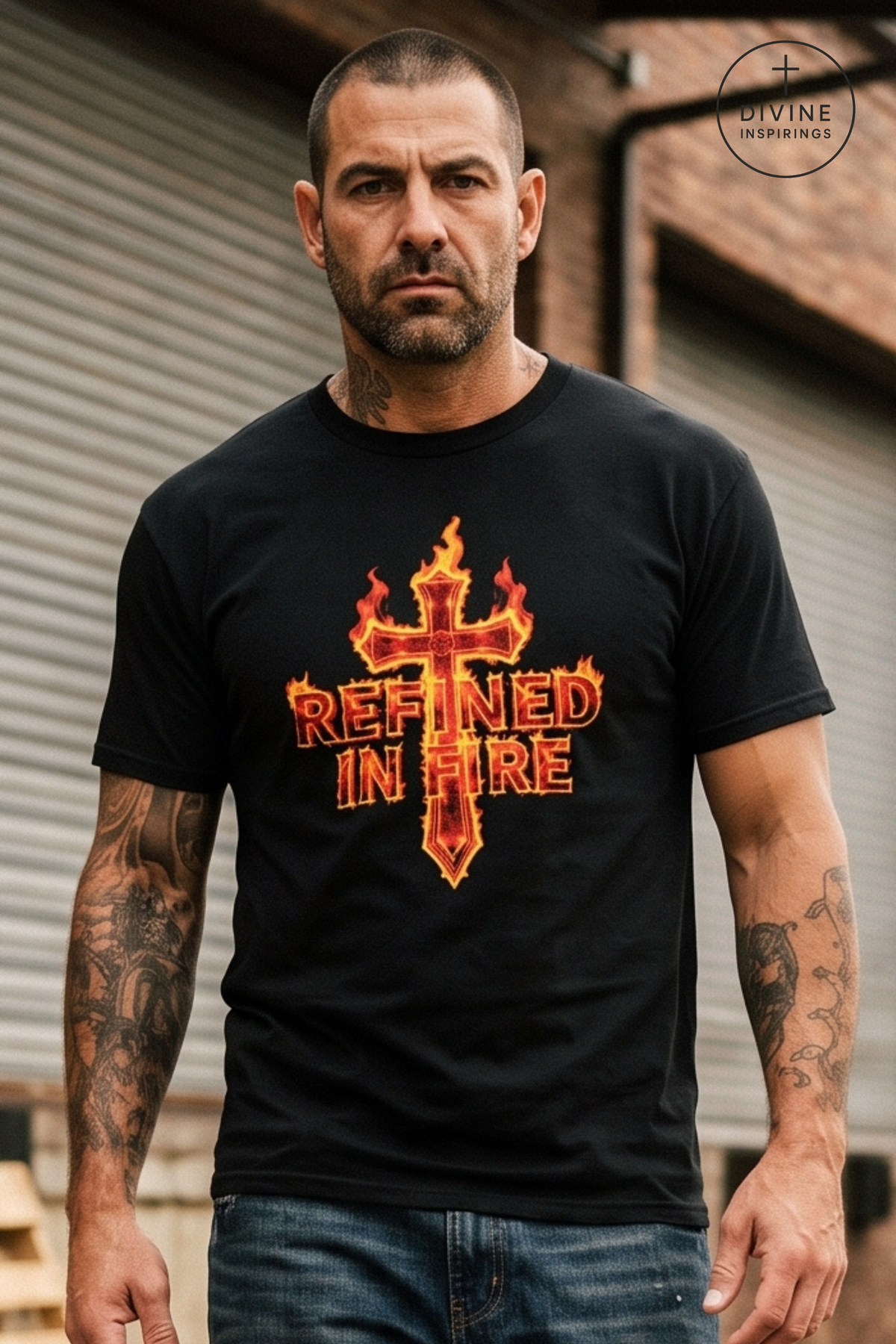 A man wearing a black graphic t-shirt with a red and orange flaming cross and the text 'REFINED IN FIRE'. The background shows a brick wall and a metal shutter door.