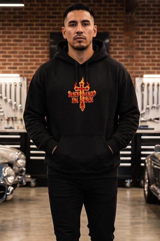 A man wearing a black pullover hoodie with a red and orange graphic on the chest that reads 'REFINED IN FIRE', standing in a garage setting with cars and tools in the background.