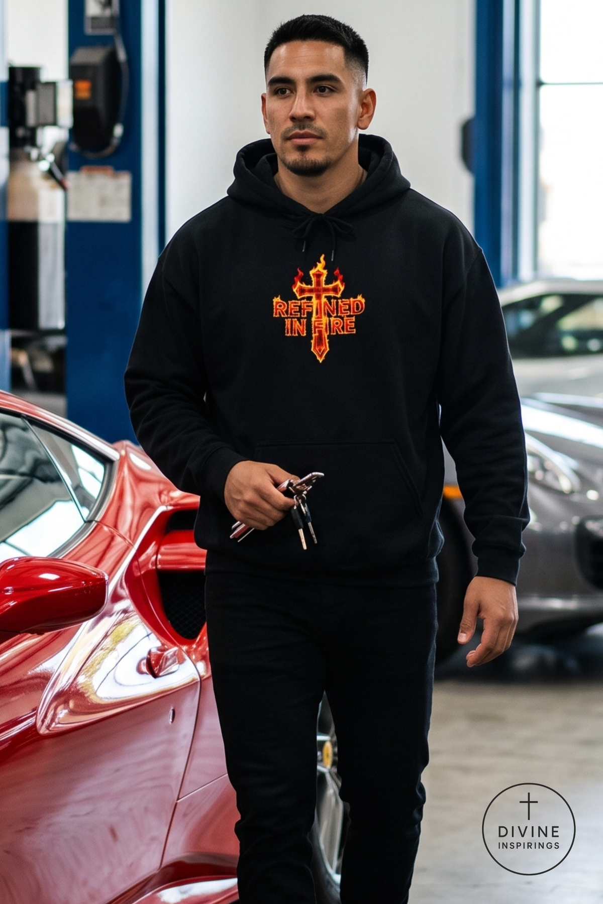 A man wearing a black pullover hoodie with a red and gold 'Refined in Fire' cross graphic stands in a garage setting next to a red sports car, holding keys.