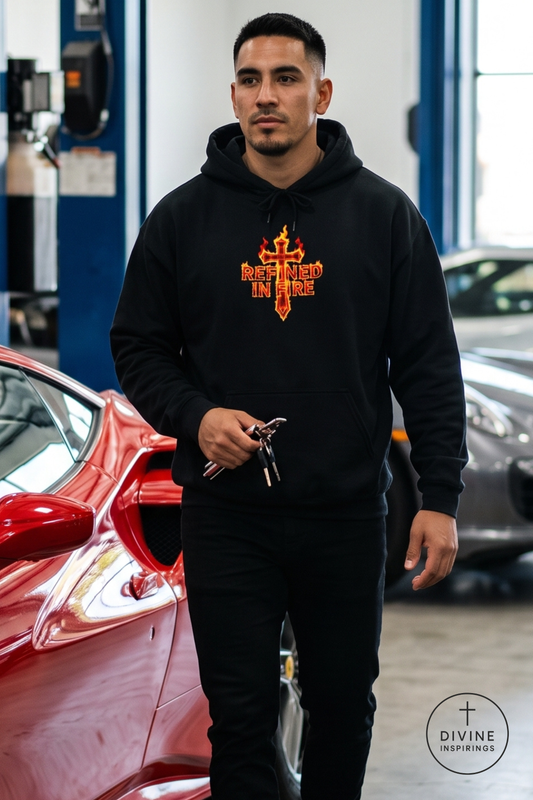 A man wearing a black pullover hoodie with a red and gold 'Refined in Fire' cross graphic stands in a garage setting next to a red sports car, holding keys.
