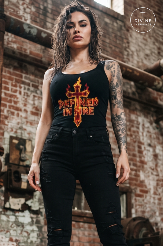 A woman wearing a black tank top with a red and gold cross graphic and the words 'REFINED IN FIRE', paired with black jeans, standing in front of a brick wall. A 'DIVINE NSPIRINGS' logo is visible in the top right corner.
