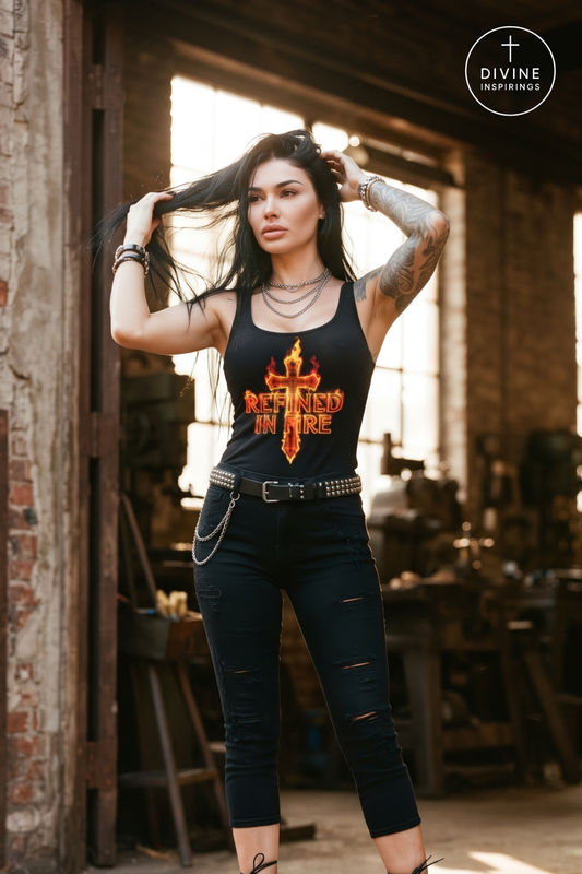 A woman stands in a rustic industrial loft wearing a black tank top with a red and gold graphic that reads 'Refined in Fire' alongside a cross design. She is also wearing distressed black jeans and layered necklaces.