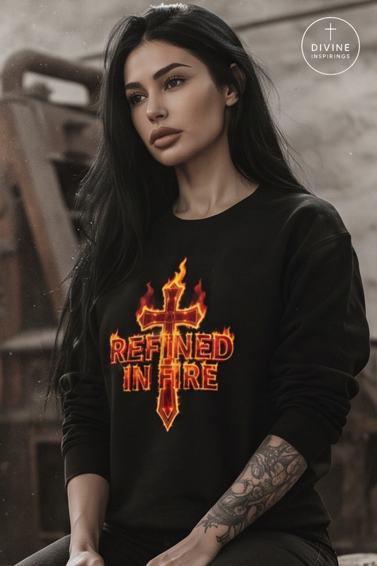 A woman wearing a black crewneck sweatshirt with a graphic of a flaming cross and the text 'REFINED IN FIRE' in red and orange. The background is a blurred industrial setting, and a 'DIVINE INSPIRINGS' logo is visible in the top right corner.