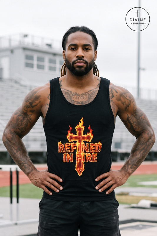 A man wearing a black tank top with a red and yellow flame cross graphic and the words 'REFINED IN FIRE' on the front, standing on an outdoor track field. A circular 'DIVINE INSPIRINGS' logo is visible in the top right corner.