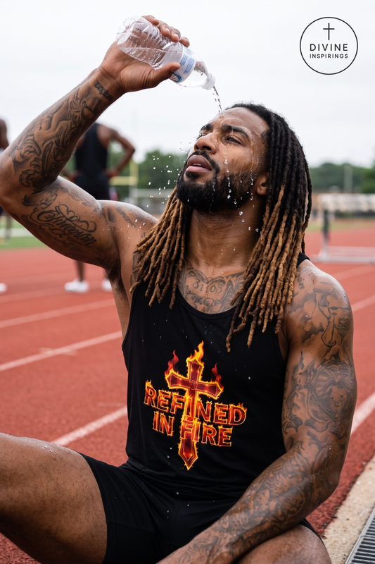 A tattooed man sitting on a red running track wears a black tank top with a fiery cross graphic and the words 'REFINED IN FIRE.' He is holding a water bottle overhead to cool sweat, with water droplets spraying off his face and chest.