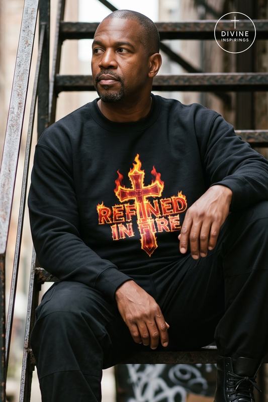 A man wearing a black crewneck sweatshirt with a red and orange flame cross graphic and the words 'REFINED IN FIRE' sits on outdoor metal stairs. A circular 'DIVINE INSPIRINGS' logo is visible in the top right corner.