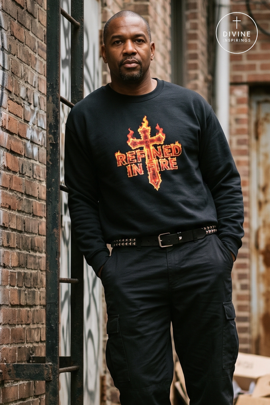 A man wearing a black crewneck sweatshirt with a red and orange flame cross graphic and the text 'REFINED IN FIRE', standing in an urban alleyway next to a brick wall.