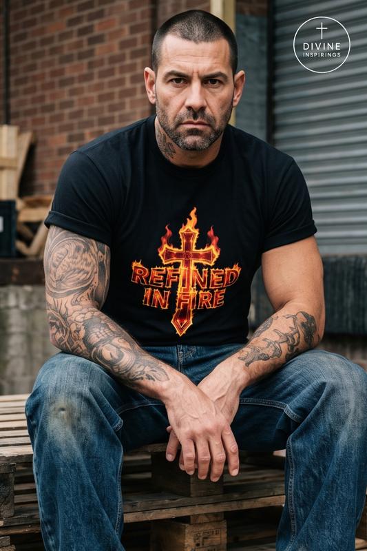 A man with tattoos sits on a wooden pallet wearing a black graphic t-shirt with a red and orange flame cross and the text 'REFINED IN FIRE'. The background shows a brick wall and a metal shutter.