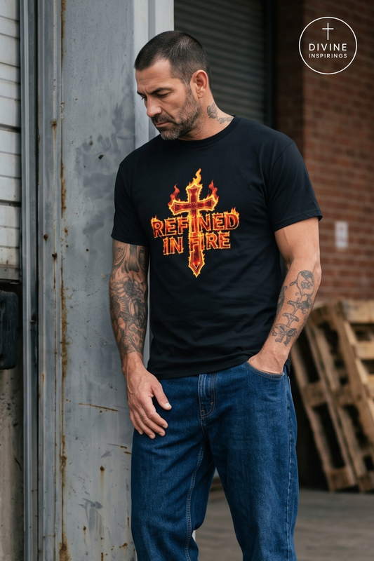 A man wearing a black graphic t-shirt with a red and gold cross and the words 'Refined in Fire' printed on the front, paired with blue jeans, standing in an industrial warehouse setting.