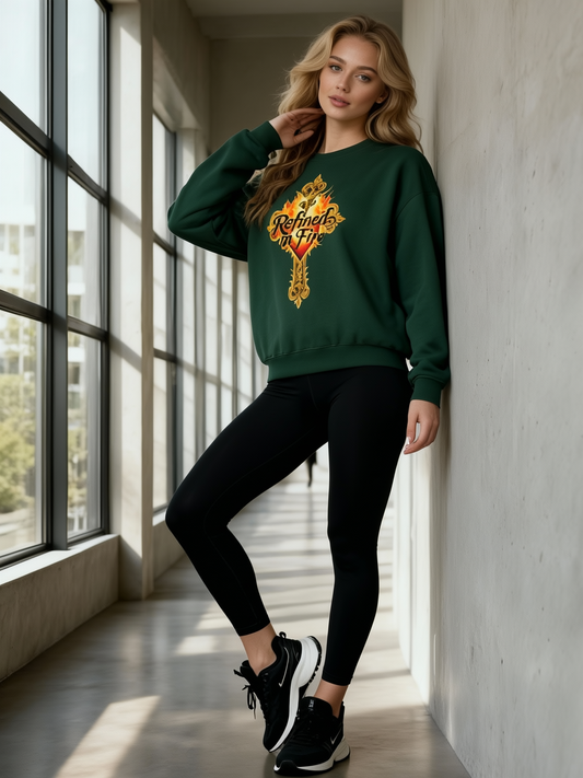 Woman wearing a green sweatshirt with a logo and text, standing in a well-lit room with large windows.