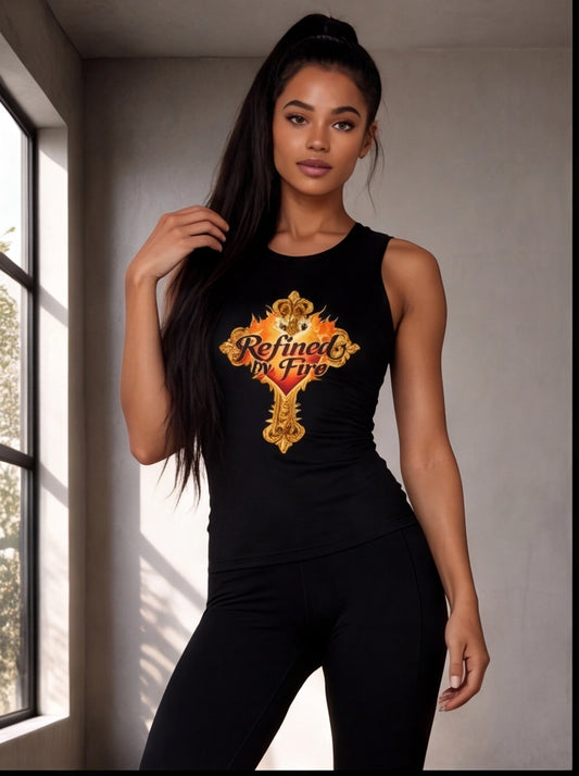 Woman wearing a black sleeveless top with a gold and orange design, standing in a room with a window.