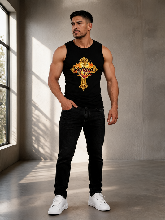 Man wearing a black tank top with a logo and text, standing in a well-lit room.