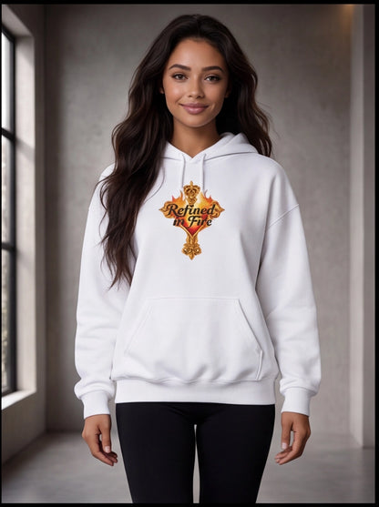 Woman wearing a white hoodie with a logo and text in a neutral setting