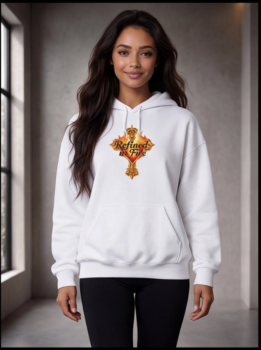 Woman wearing a white hoodie with a logo and text in a neutral setting