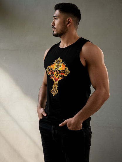 Man wearing a black tank top with a colorful graphic design against a neutral background
