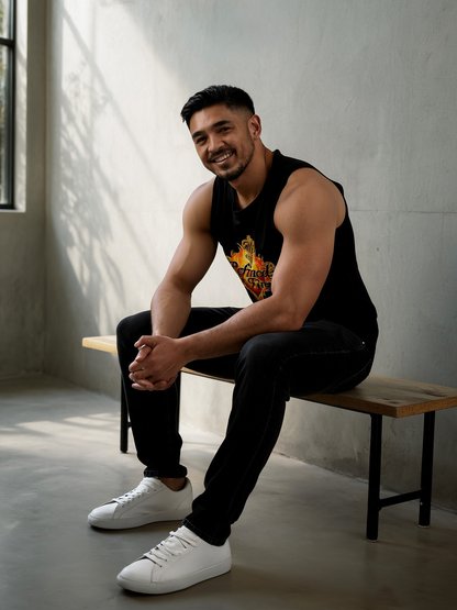 Man sitting on a wooden bench wearing a black tank top and pants with white sneakers in a softly lit room.