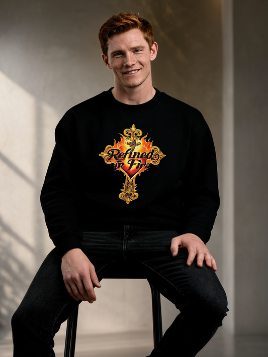Man wearing a black sweatshirt with a colorful logo sitting on a stool against a neutral background