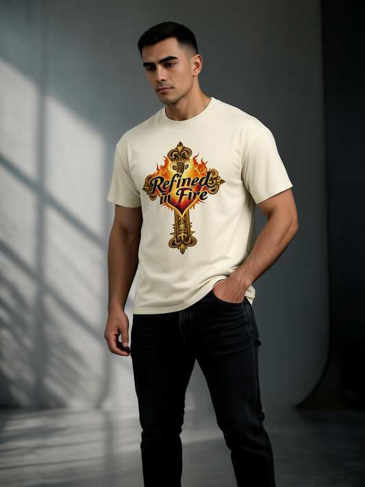 Man wearing a white t-shirt with a graphic design standing against a gray wall.