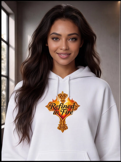 Person wearing a white hoodie with 'Refined in Fire' design