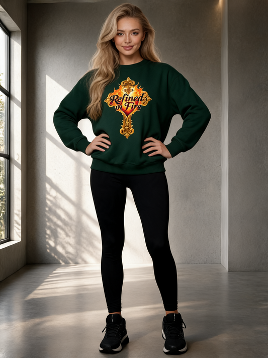 Woman wearing a green sweatshirt with a decorative design and text, standing in a well-lit room.