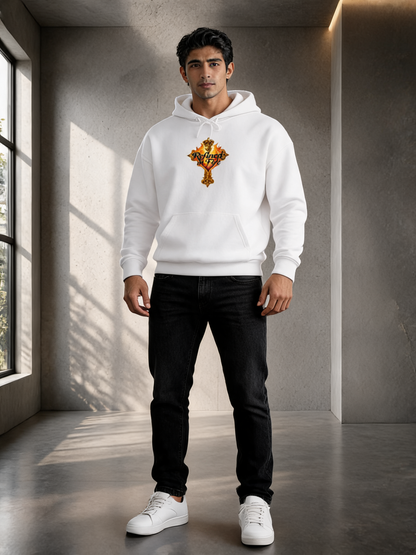 Person wearing a white hoodie with a colorful graphic design in a modern indoor setting.