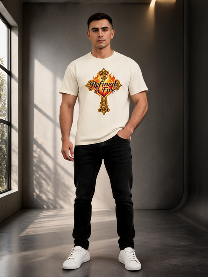 Man wearing a white t-shirt with a graphic design in a room with large windows.