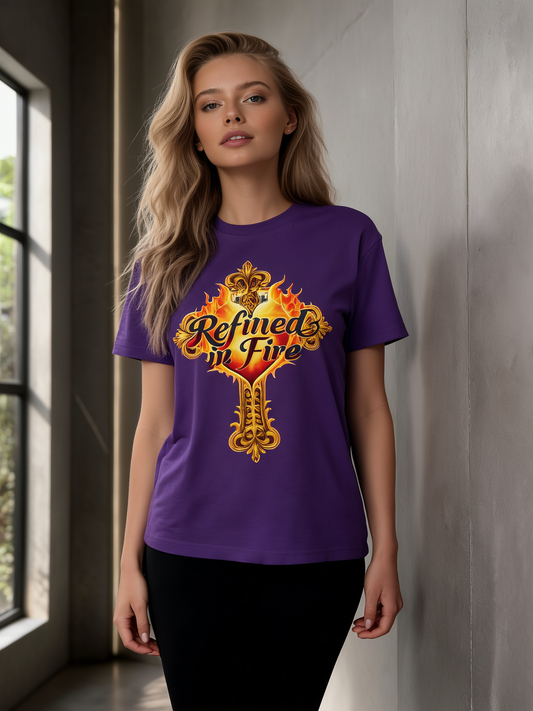Woman wearing a purple t-shirt with a gold and orange design and text.