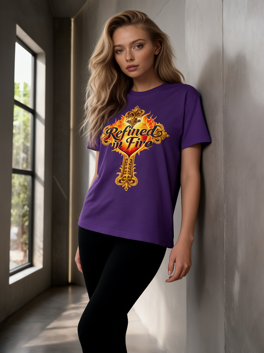 Woman wearing a purple t-shirt with a graphic design in a room with large windows.